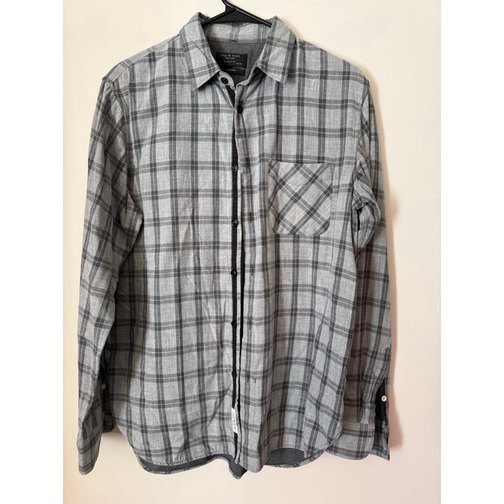 Men's rag & bone Gray & Black Plaid Classic Fit Casual Button Down Shirt M